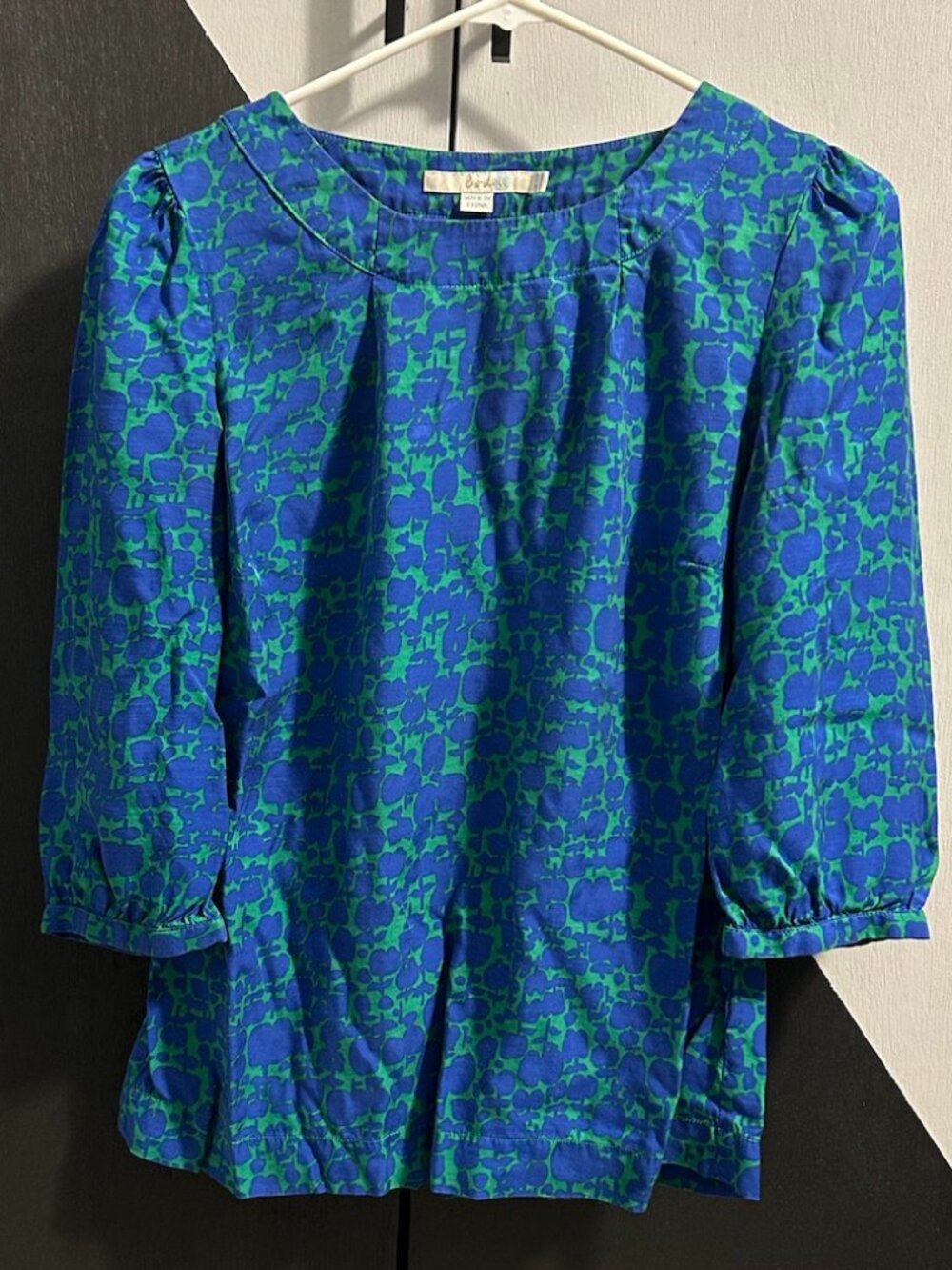 Boden Green/Blue Pattern Silk Blend 3/4 Sleeve Blouse Women's Size 6R